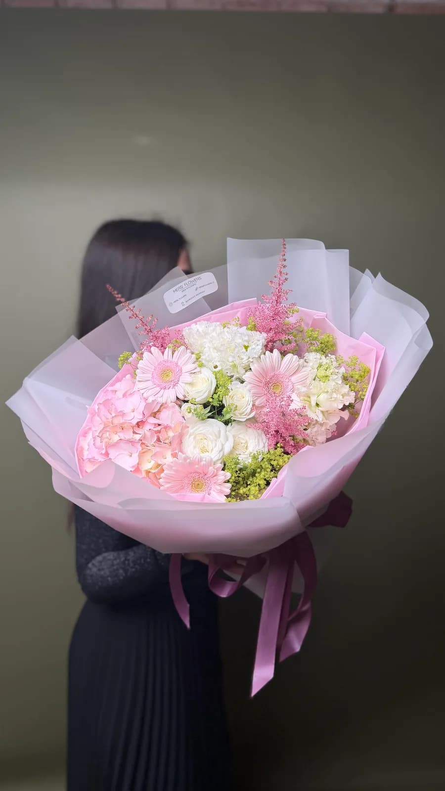 Airy Ariel bouquet of hydrangea, spray roses, lisianthus and gerberas