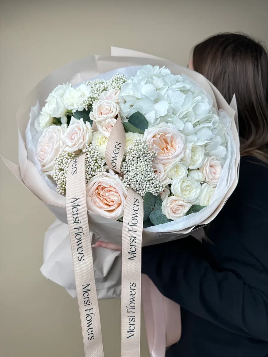 Pure Form bouquet of hydrangea, peony roses, spray roses and eucalyptus