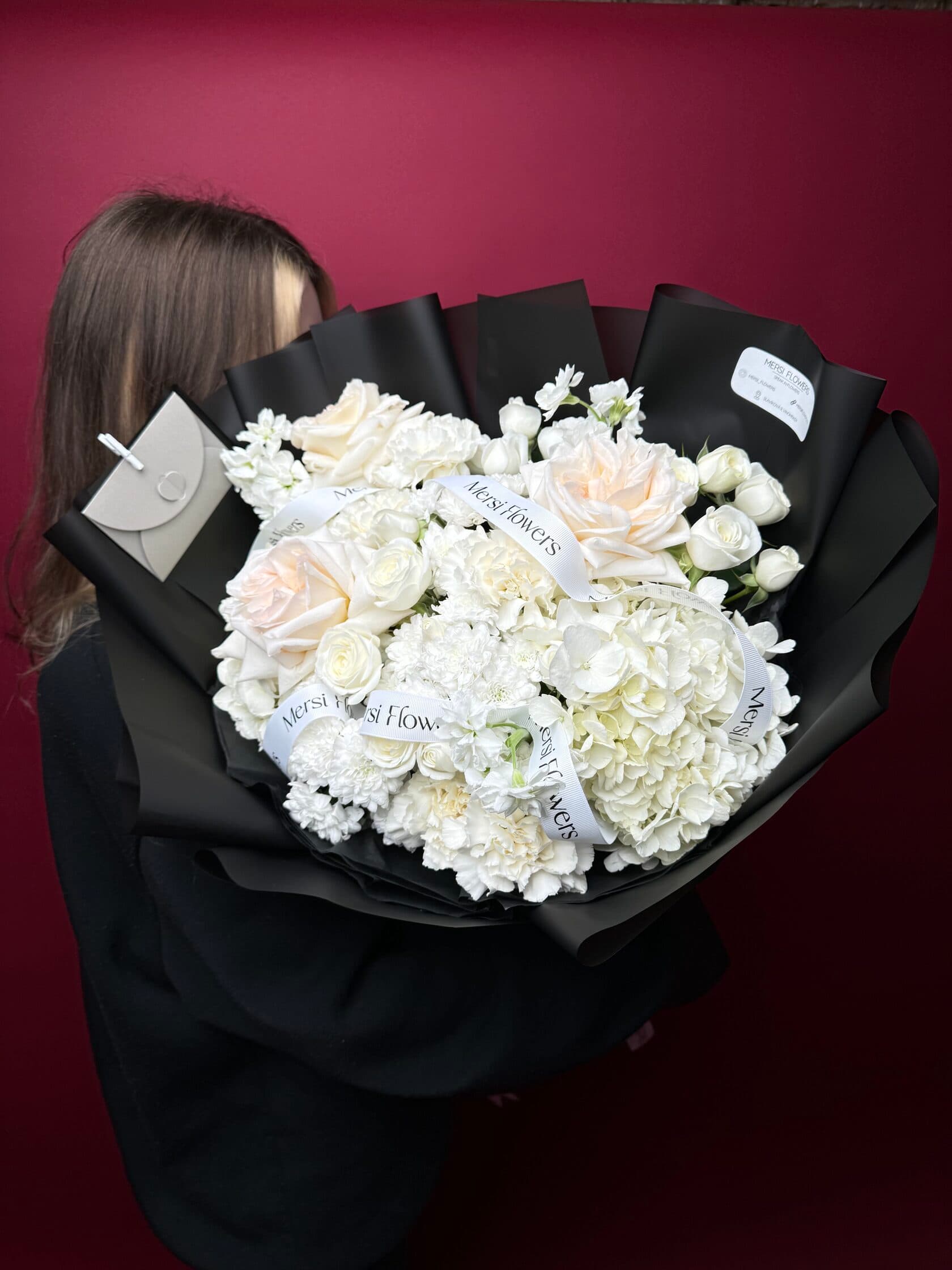 Pure Contrast bouquet of hydrangea, peony roses, chrysanthemums and stocks