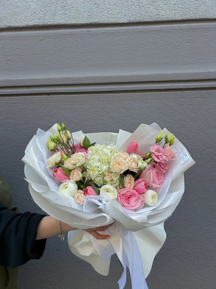 Petal Perfection Ensemble of seasonal flowers in pink, apricot and cream