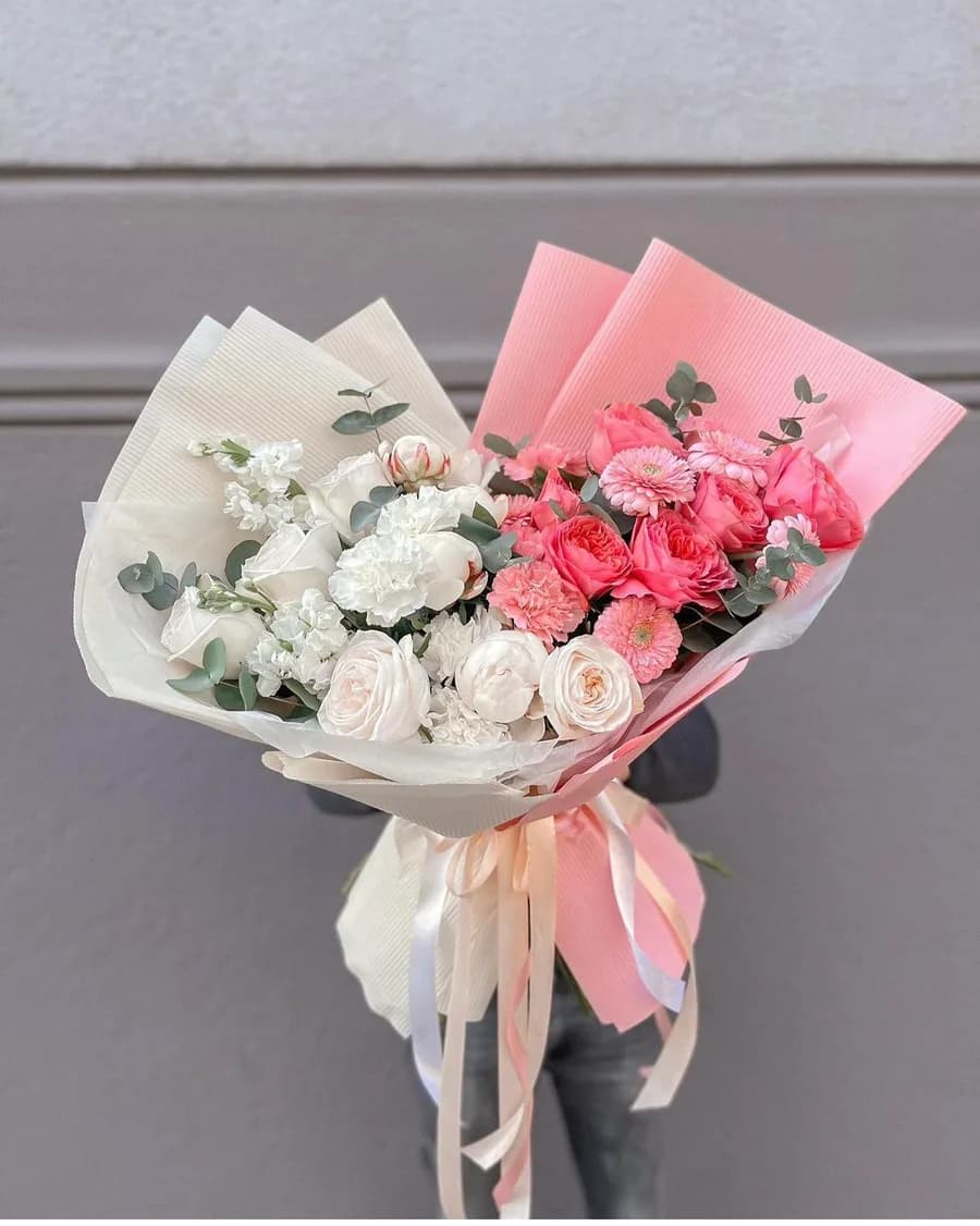 Doubleside bouquet of peonies, peony roses, carnations and stocks in mixed colours