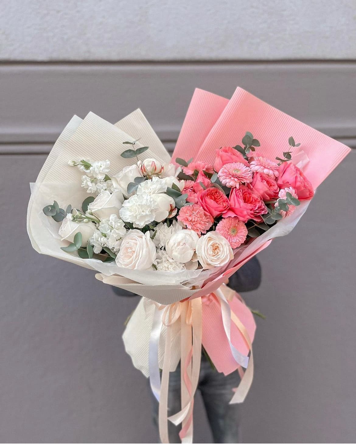 Doubleside bouquet of peonies, peony roses, carnations and stocks in mixed colours