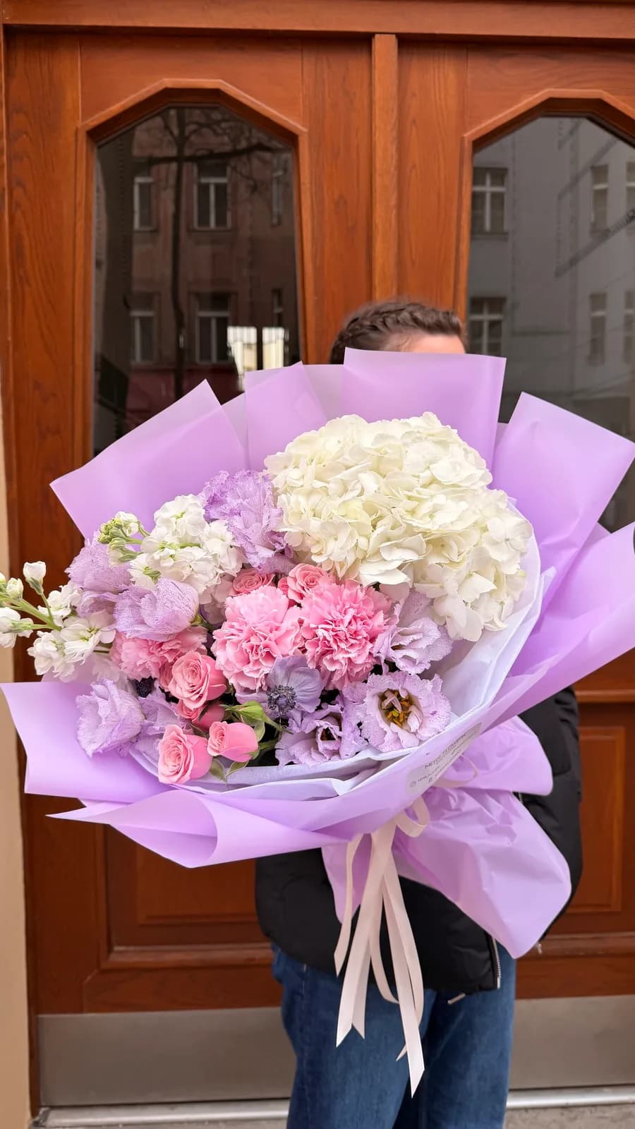 Purple Breath bouquet of pastel hydrangea, spray roses and stock