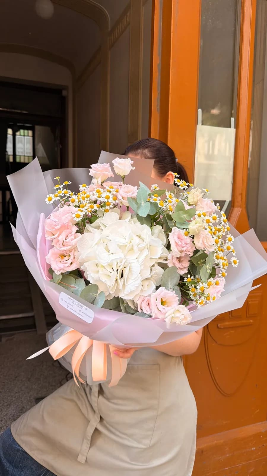 Chamomile Morning bouquet with chamomile, hydrangea, eustoma and eucalyptus