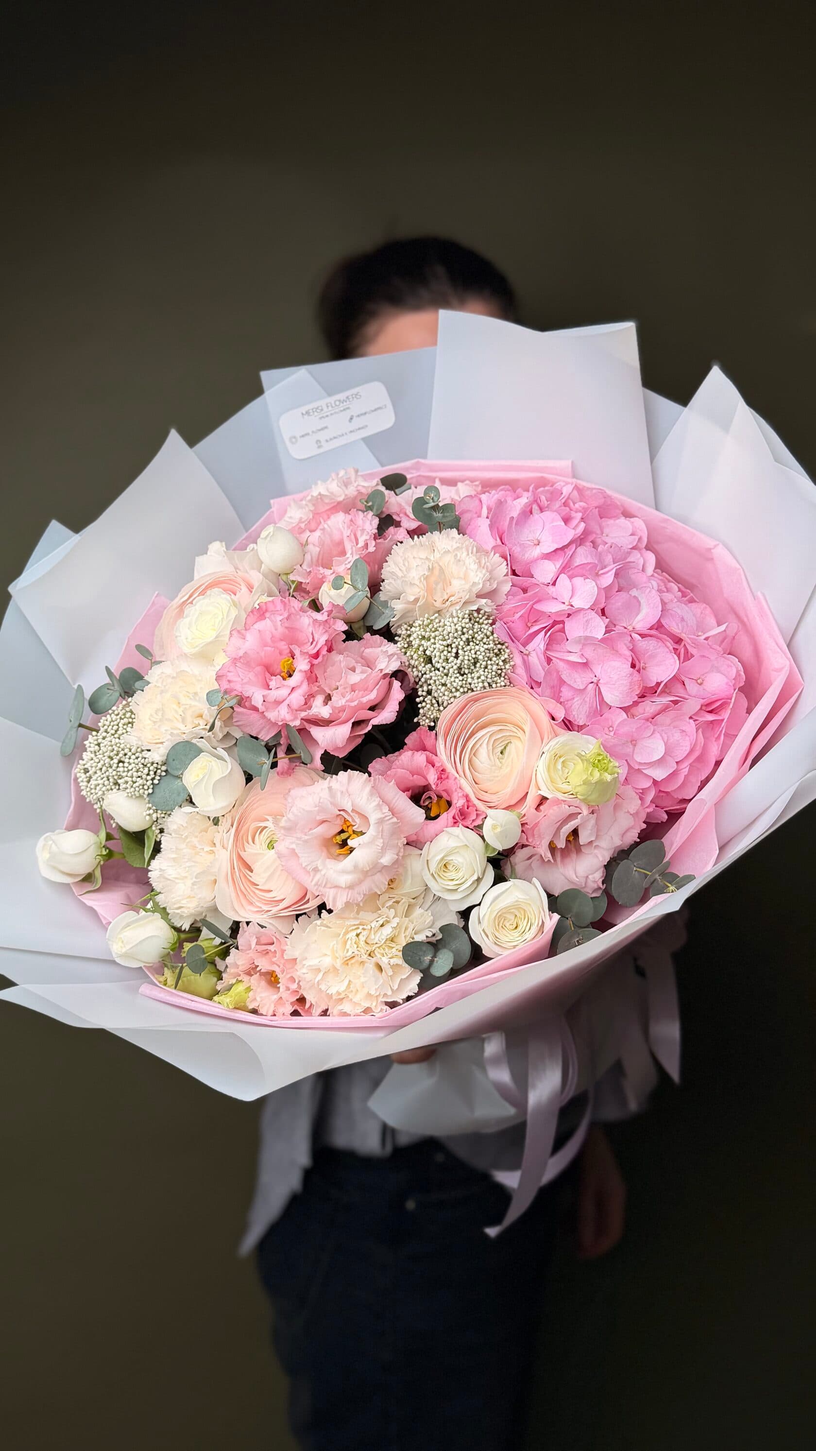 Spring Romance bouquet in pink and cream with hydrangea, ranunculus and spray roses