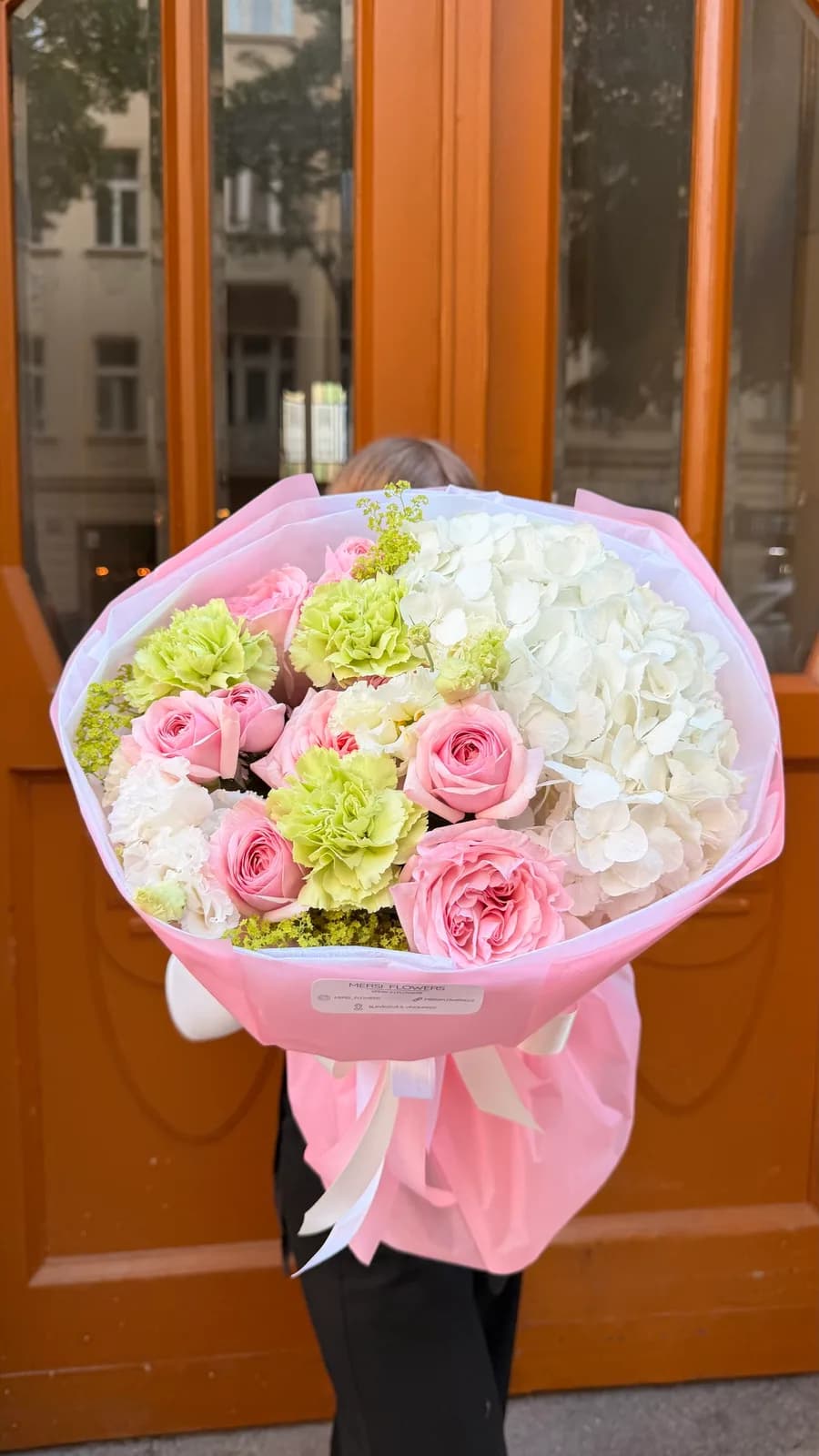 Spring Light bouquet of white and pink hydrangea, roses and carnations
