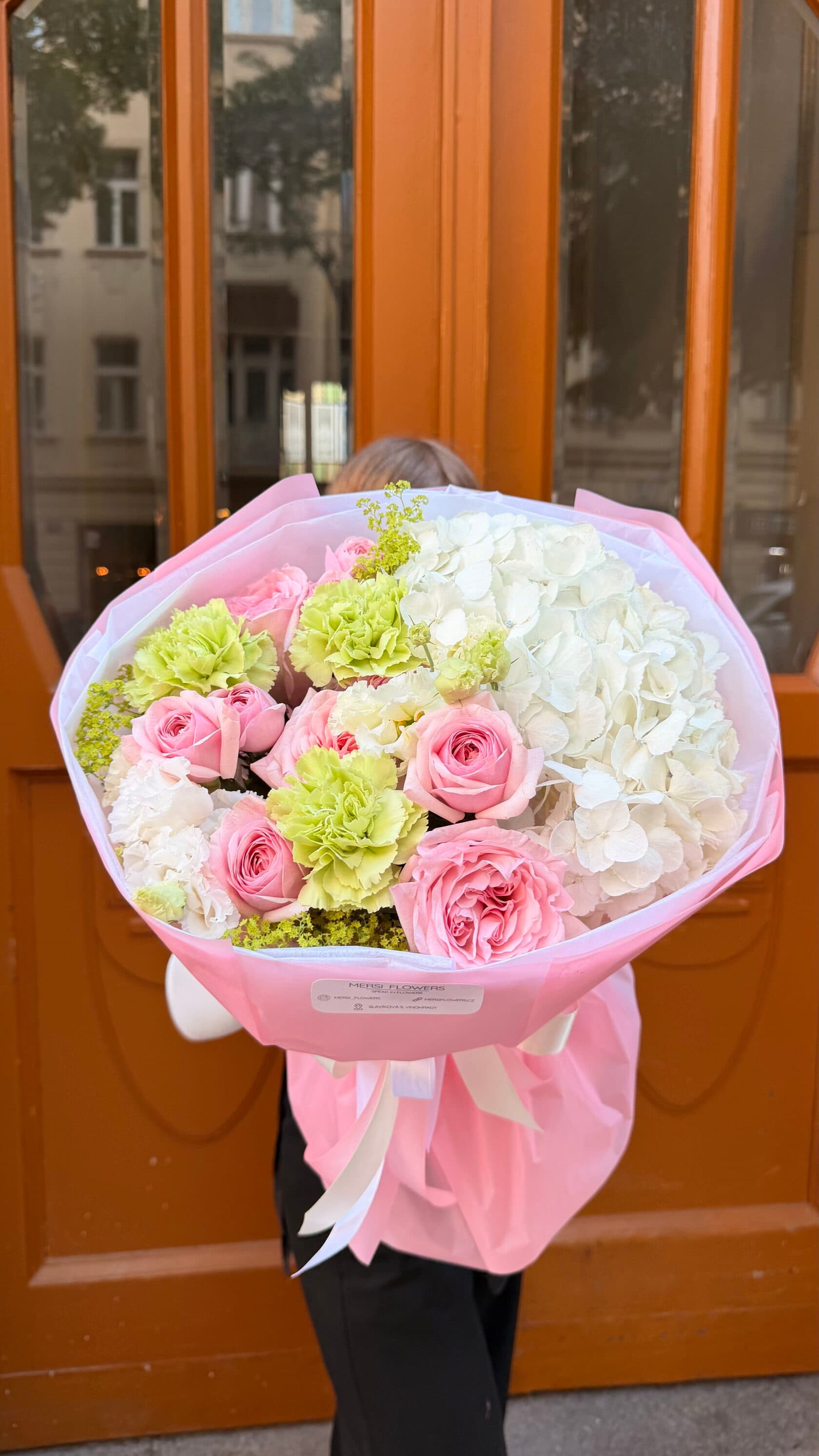 Spring Light bouquet of white and pink hydrangea, roses and carnations