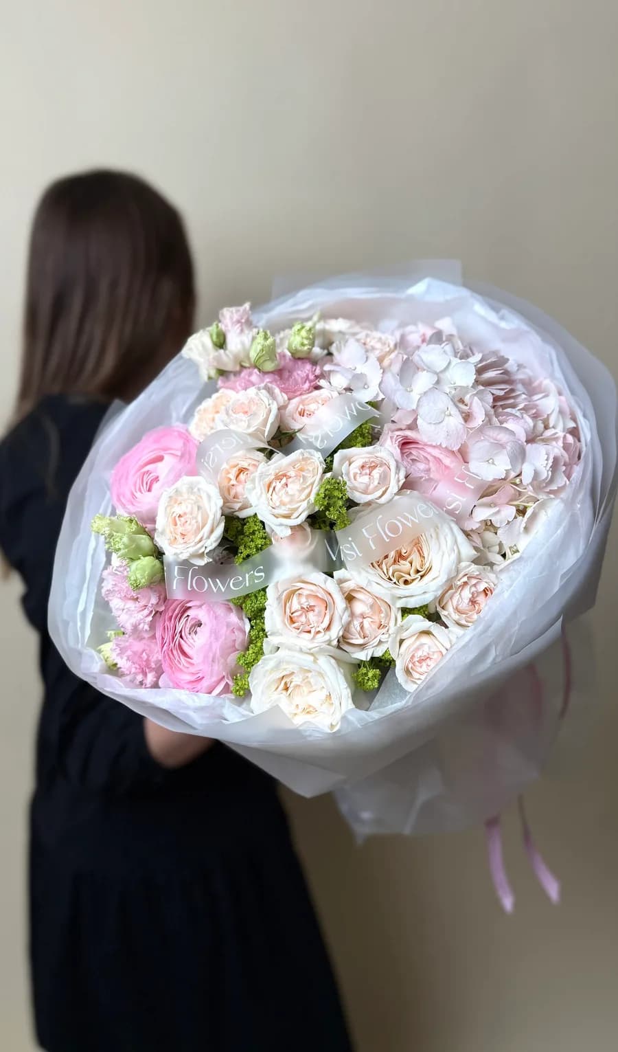 Soft Elegance pastel bouquet of garden roses, ranunculus, lisianthus and hydrangea