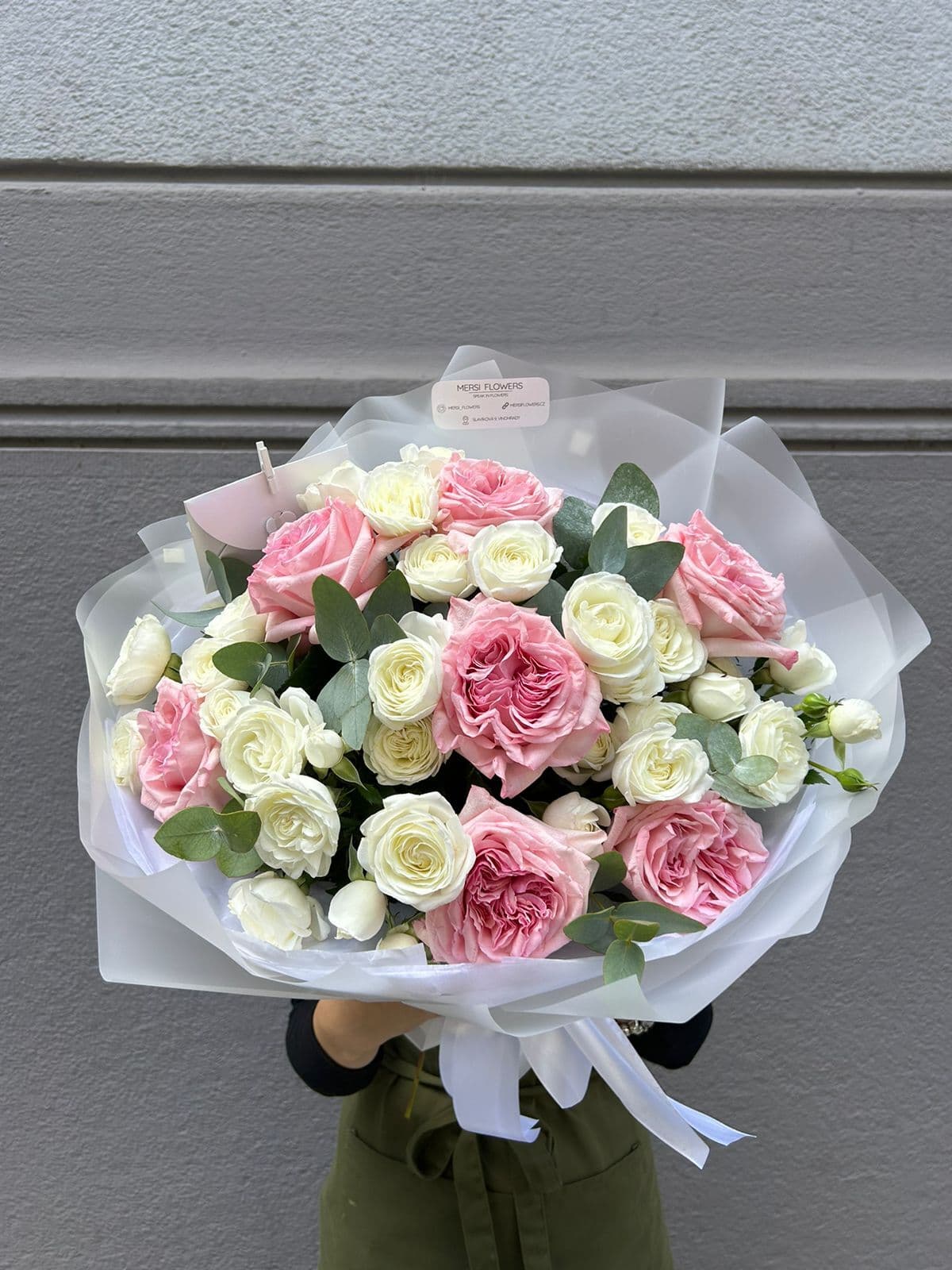 Gentle Contrast bouquet of peony roses, spray roses and eucalyptus