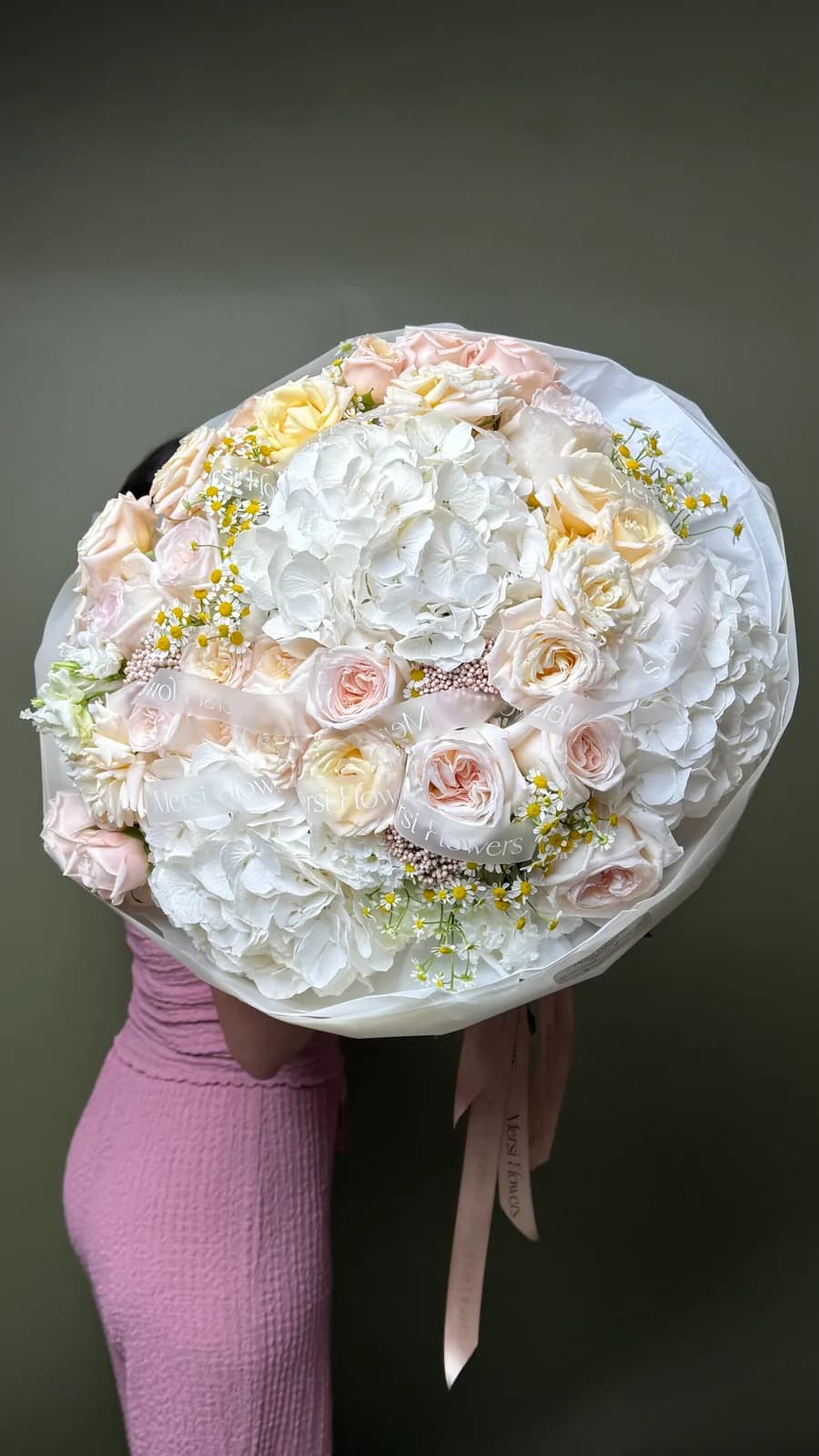 Tender Cloud bouquet of white hydrangeas, cream and blush roses and chamomile