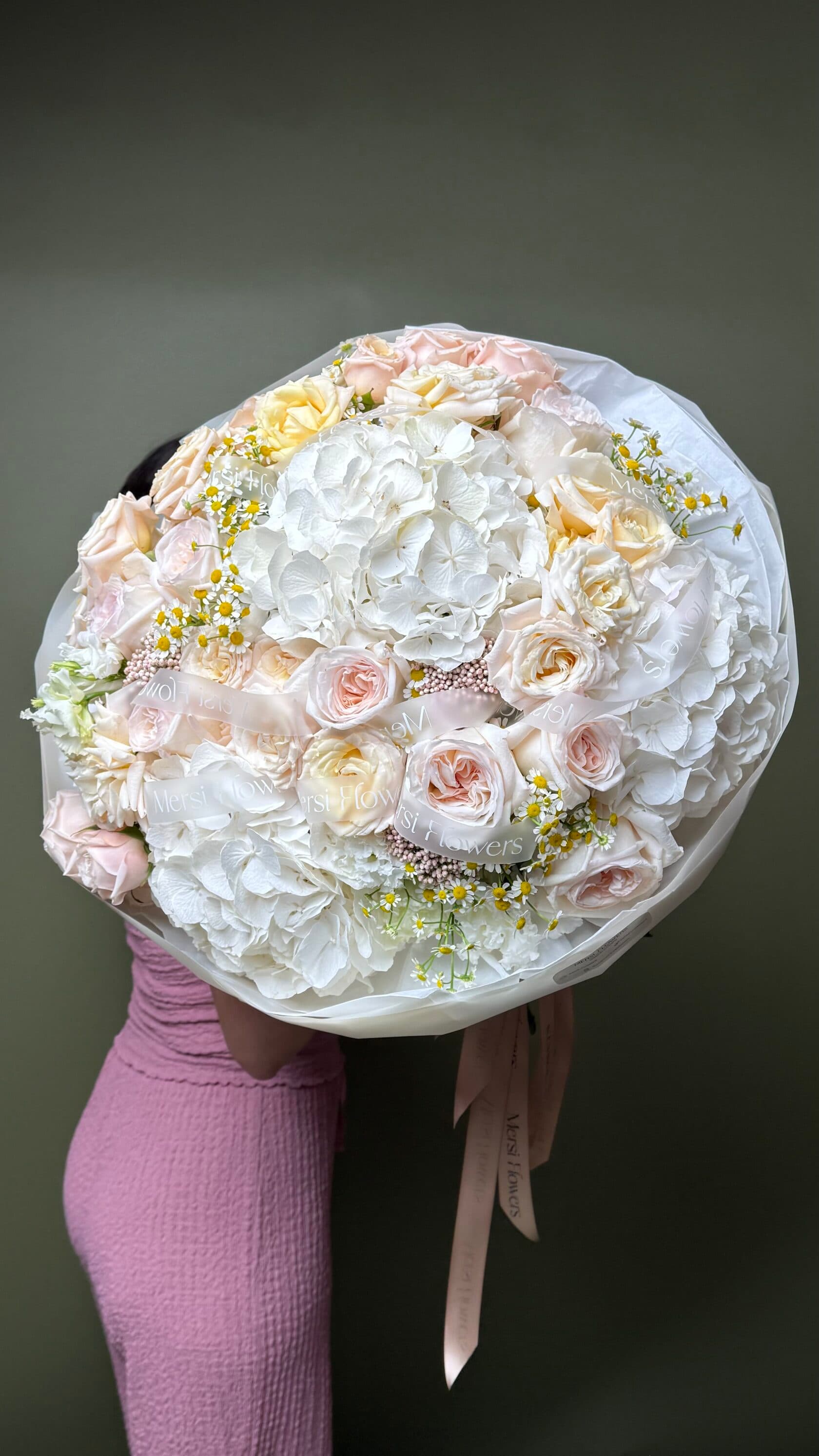 Tender Cloud bouquet of white hydrangeas, cream and blush roses and chamomile