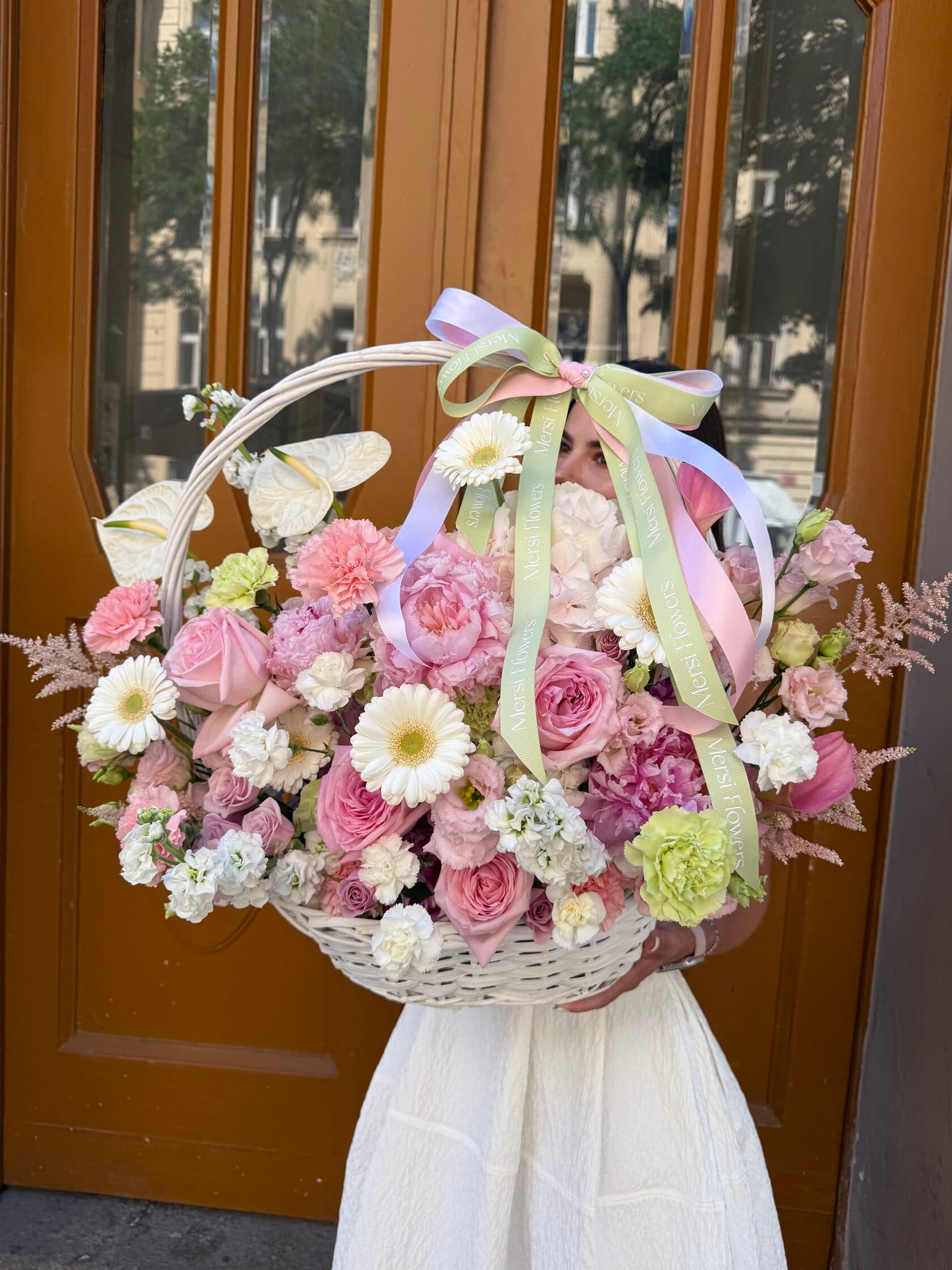 Enchanted Garden flower basket with pastel hydrangea, roses and gerberas