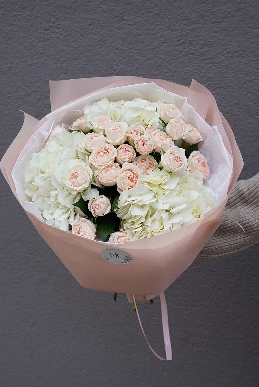 Floral Fantasy bouquet of pink and white hydrangeas and spray roses