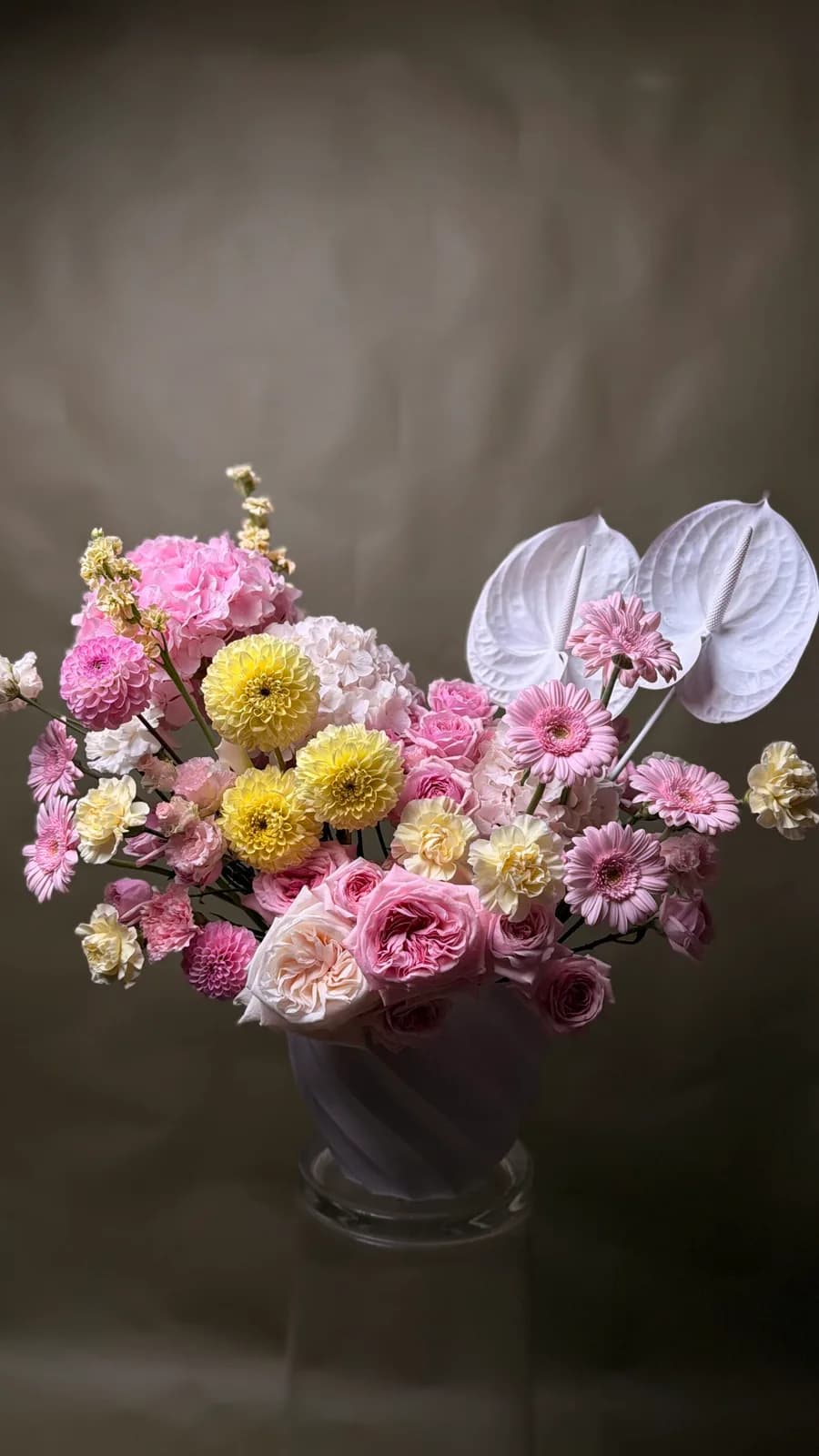 Large Flower Show arrangement with hydrangea, gerberas, dahlias and anthurium