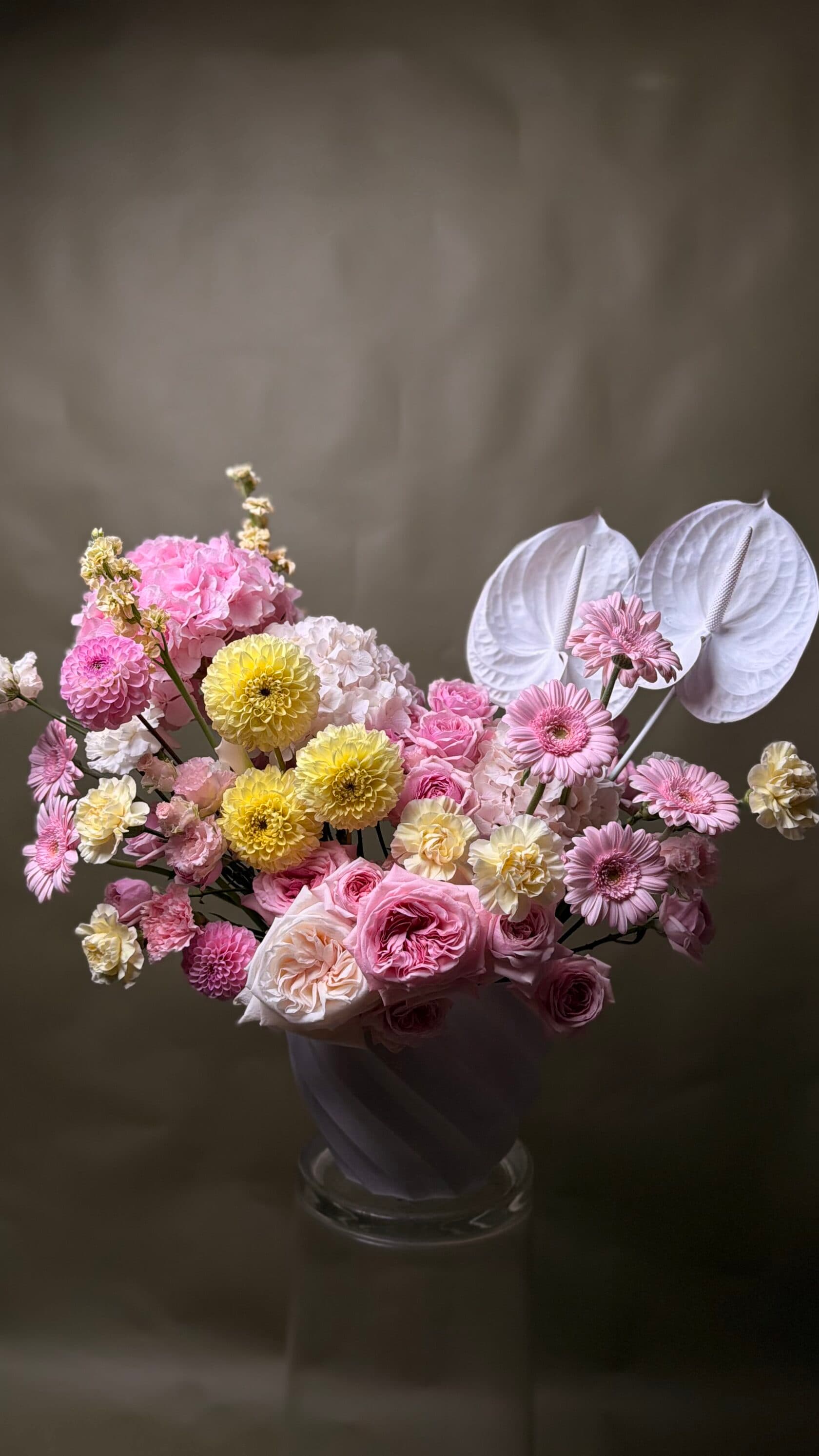 Large Flower Show arrangement with hydrangea, gerberas, dahlias and anthurium