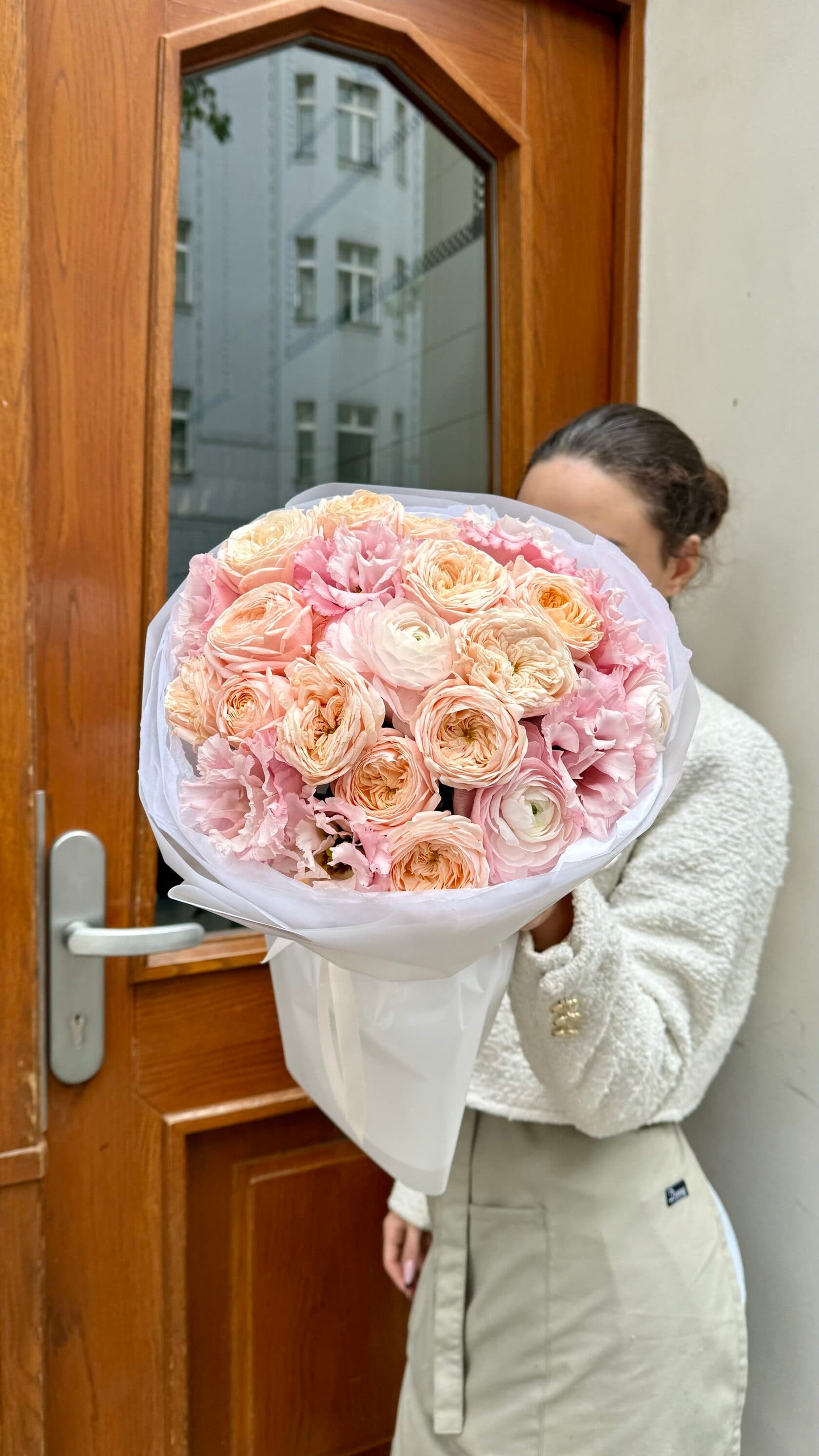 Apricot Tenderness bouquet of peach peony roses, ranunculus and lisianthus