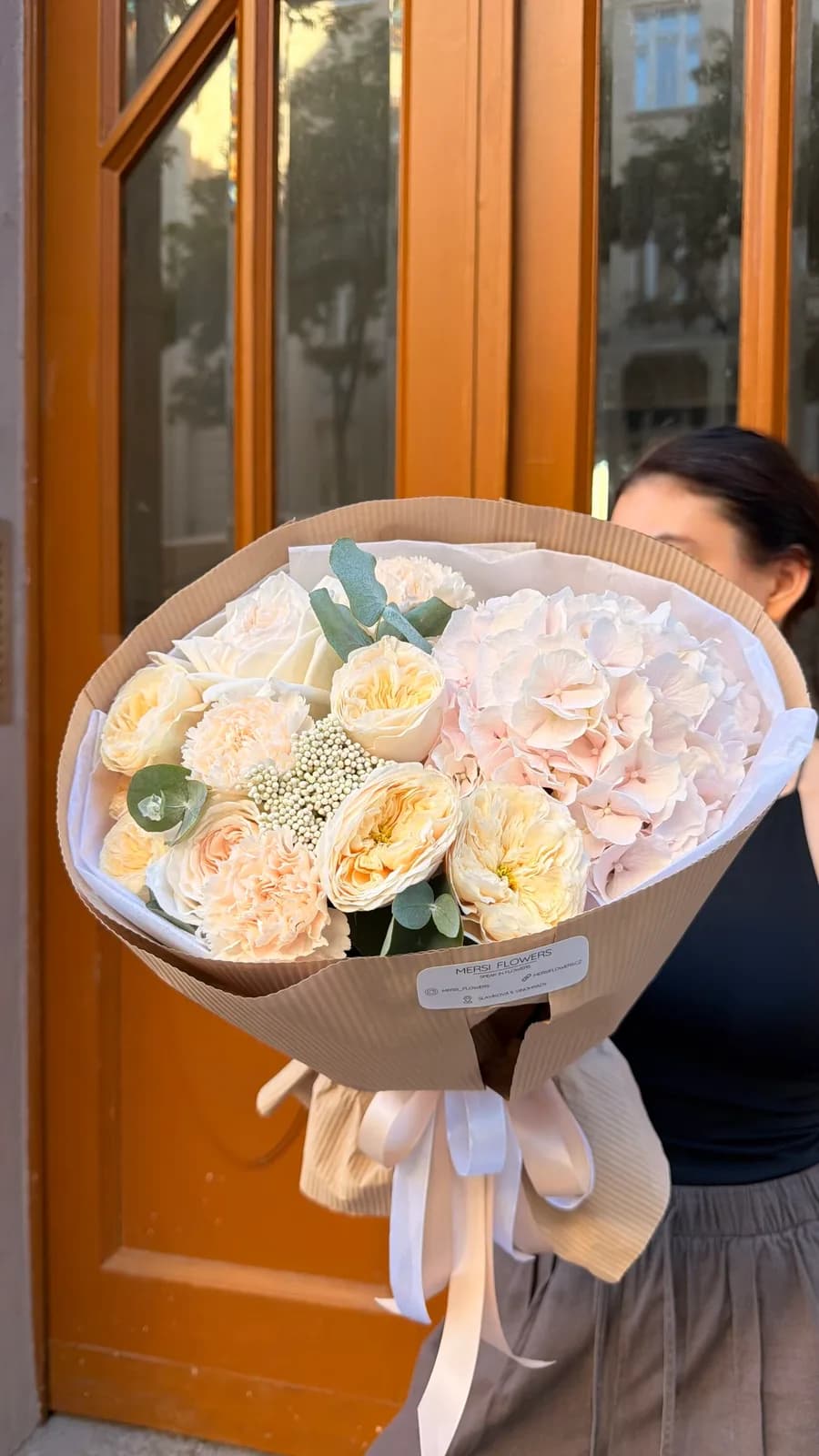 Milky Rose bouquet of cream peony roses, hydrangea and eucalyptus