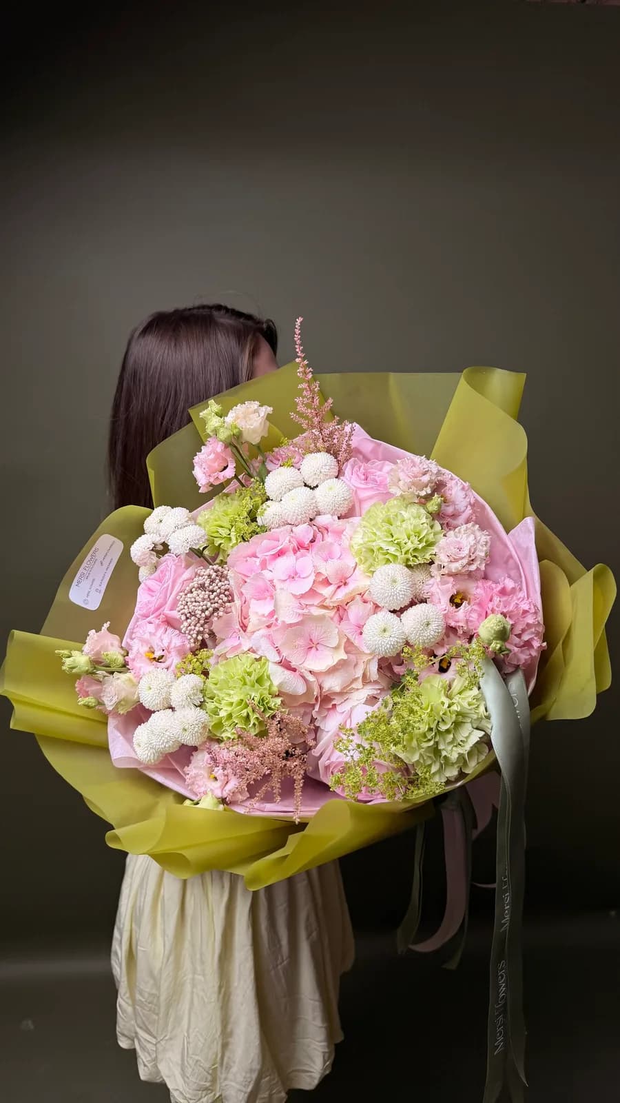 Rosalia bouquet of pink and cream peony roses, hydrangea and santini
