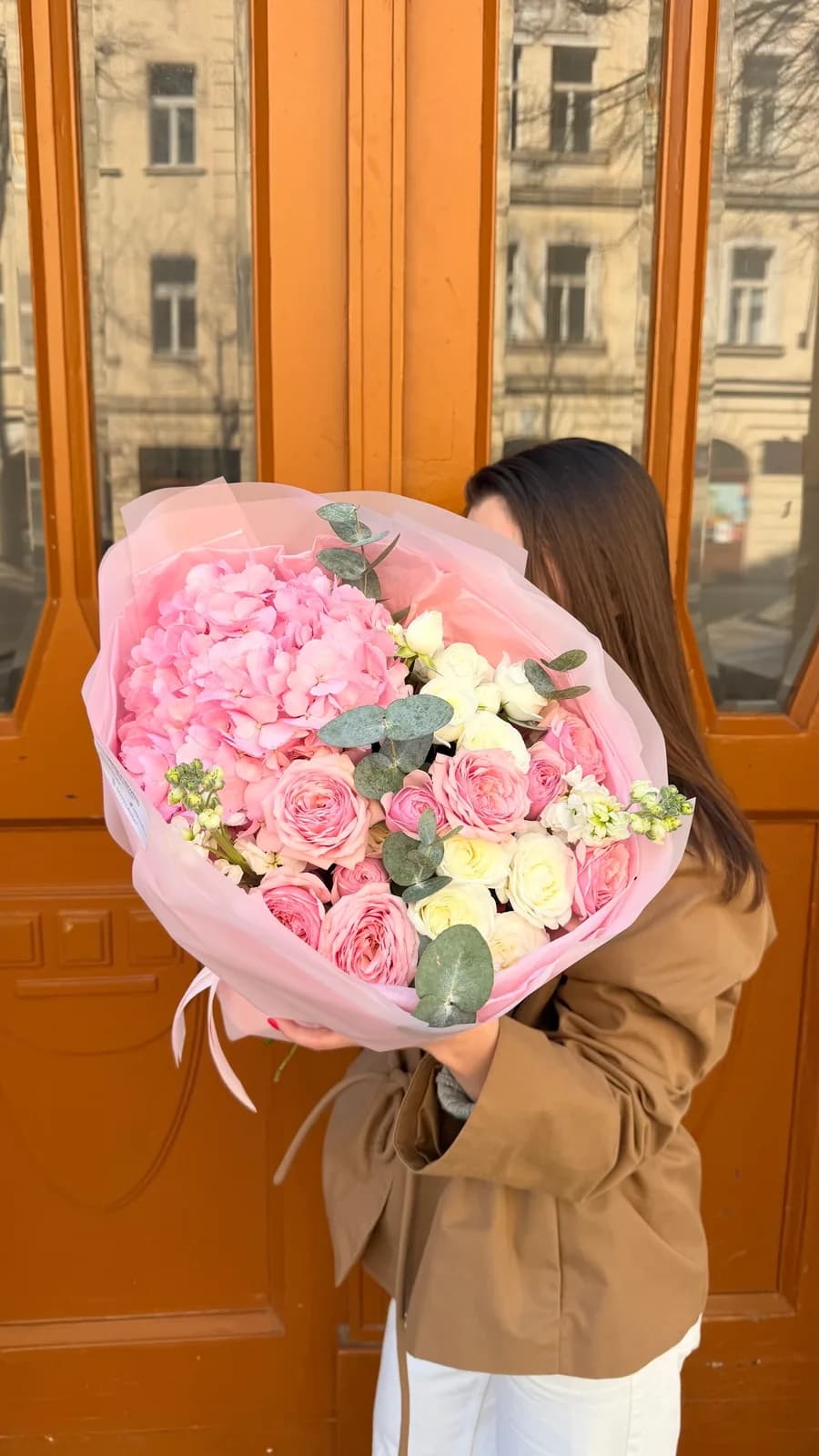 Pink Classic bouquet of hydrangea, pink spray roses, stock and eucalyptus