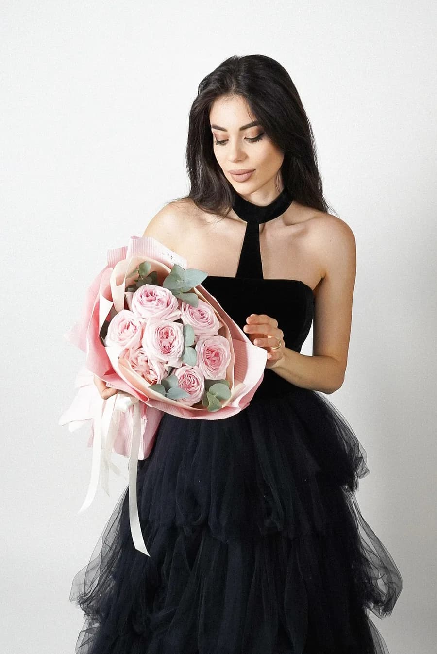 Rose Affair bouquet of blush peony-style roses with eucalyptus and ribbon