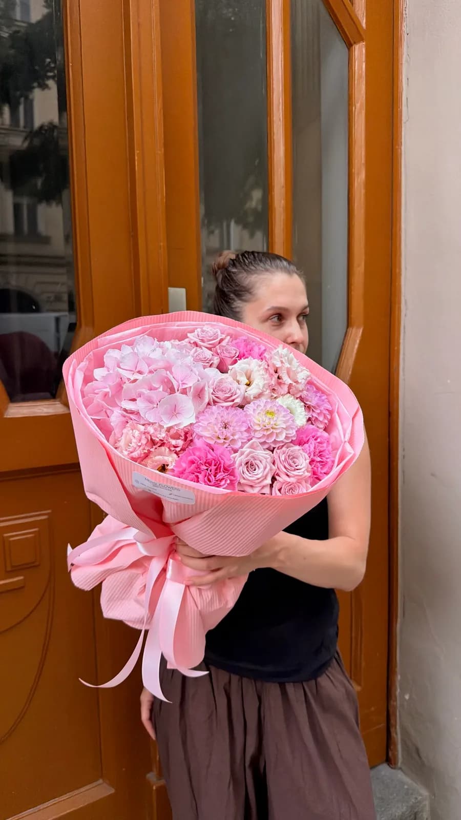 Pink Silk bouquet of pink dahlias, hydrangea and spray roses