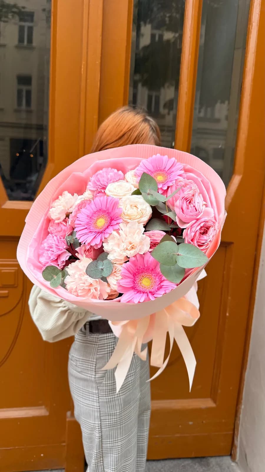 Pink Touch bouquet of pink garden roses, gerberas, carnations and eucalyptus