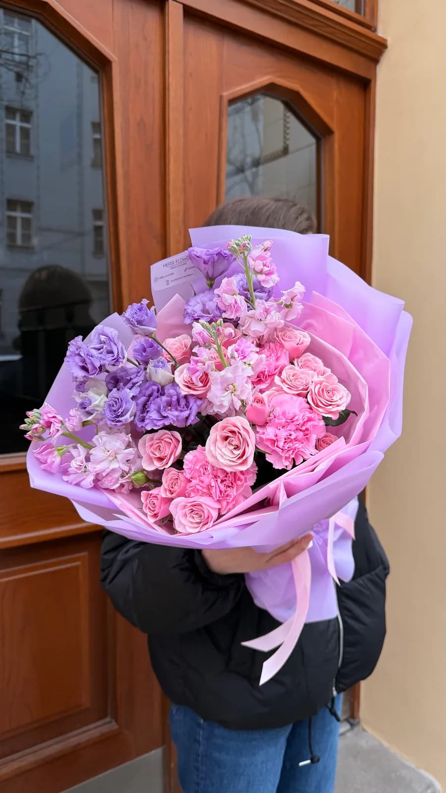 Pink & Violet Dream bouquet of roses, carnations, lisianthus and stock
