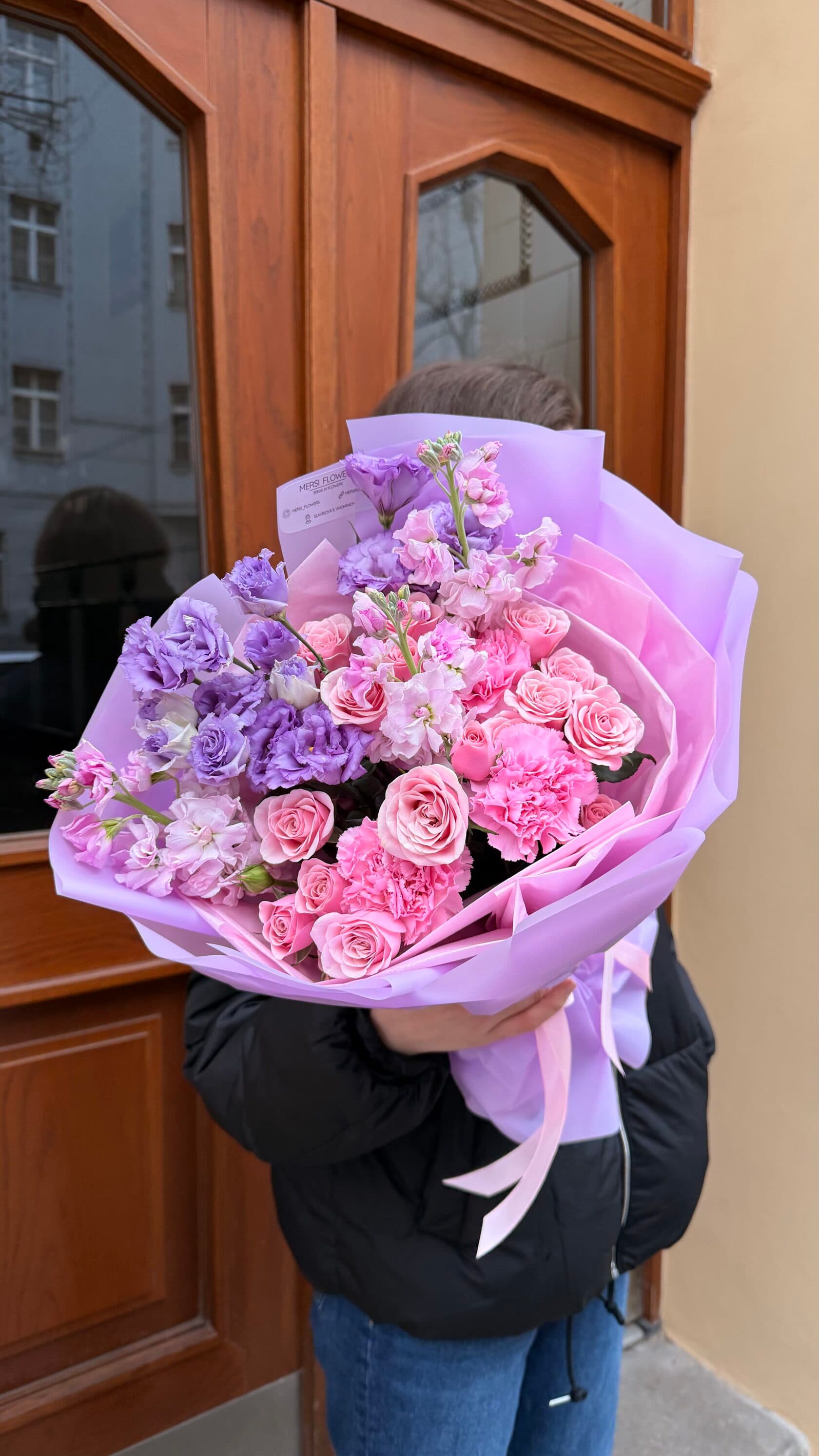 Pink & Violet Dream bouquet of roses, carnations, lisianthus and stock