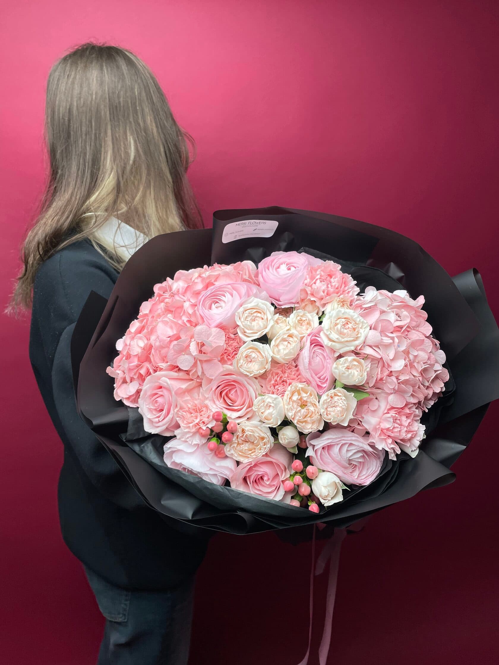 Pink Accent bouquet of hydrangea, peony roses, ranunculus and hypericum