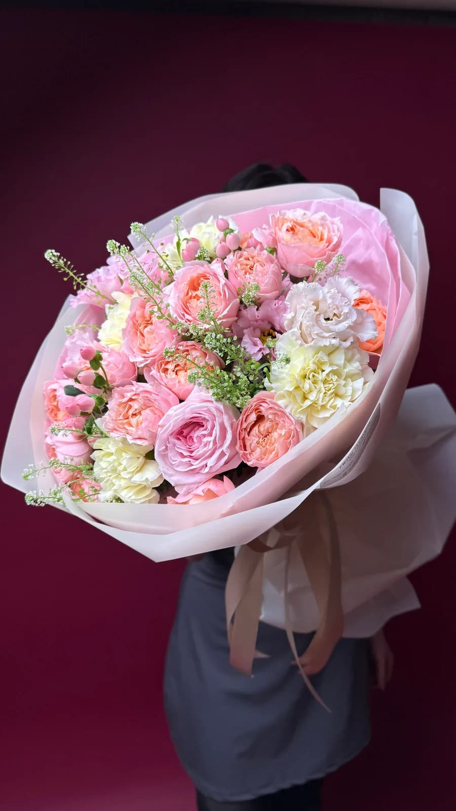 Harmony of Feelings bouquet of peony-style roses, spray roses, carnations and lisianthus