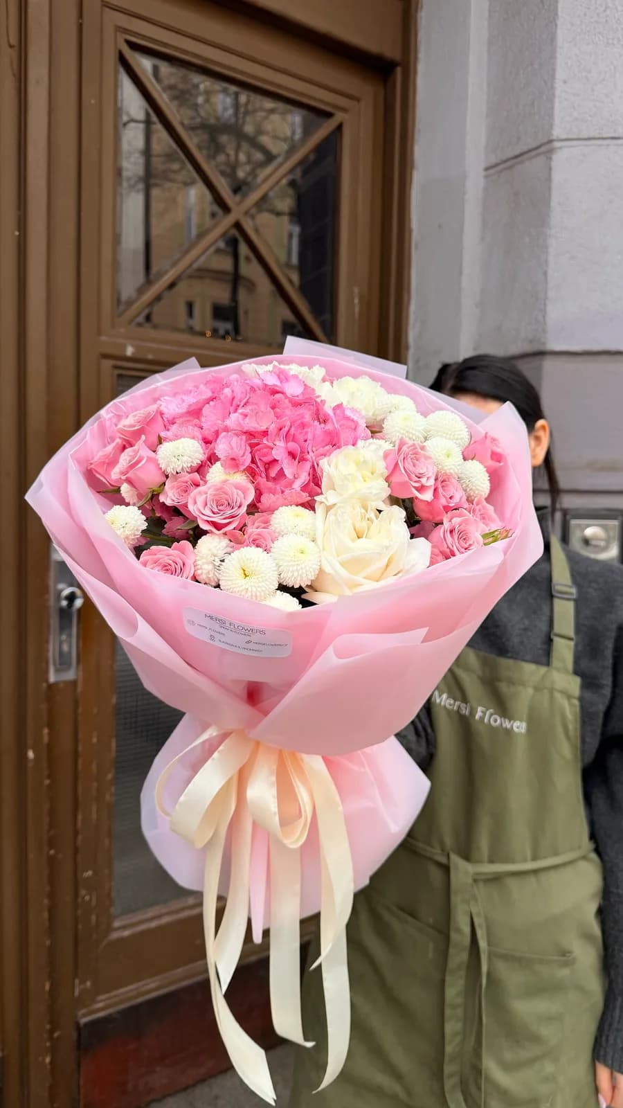 Silent Beauty bouquet of hydrangea, peony roses and chrysanthemums in calm tones