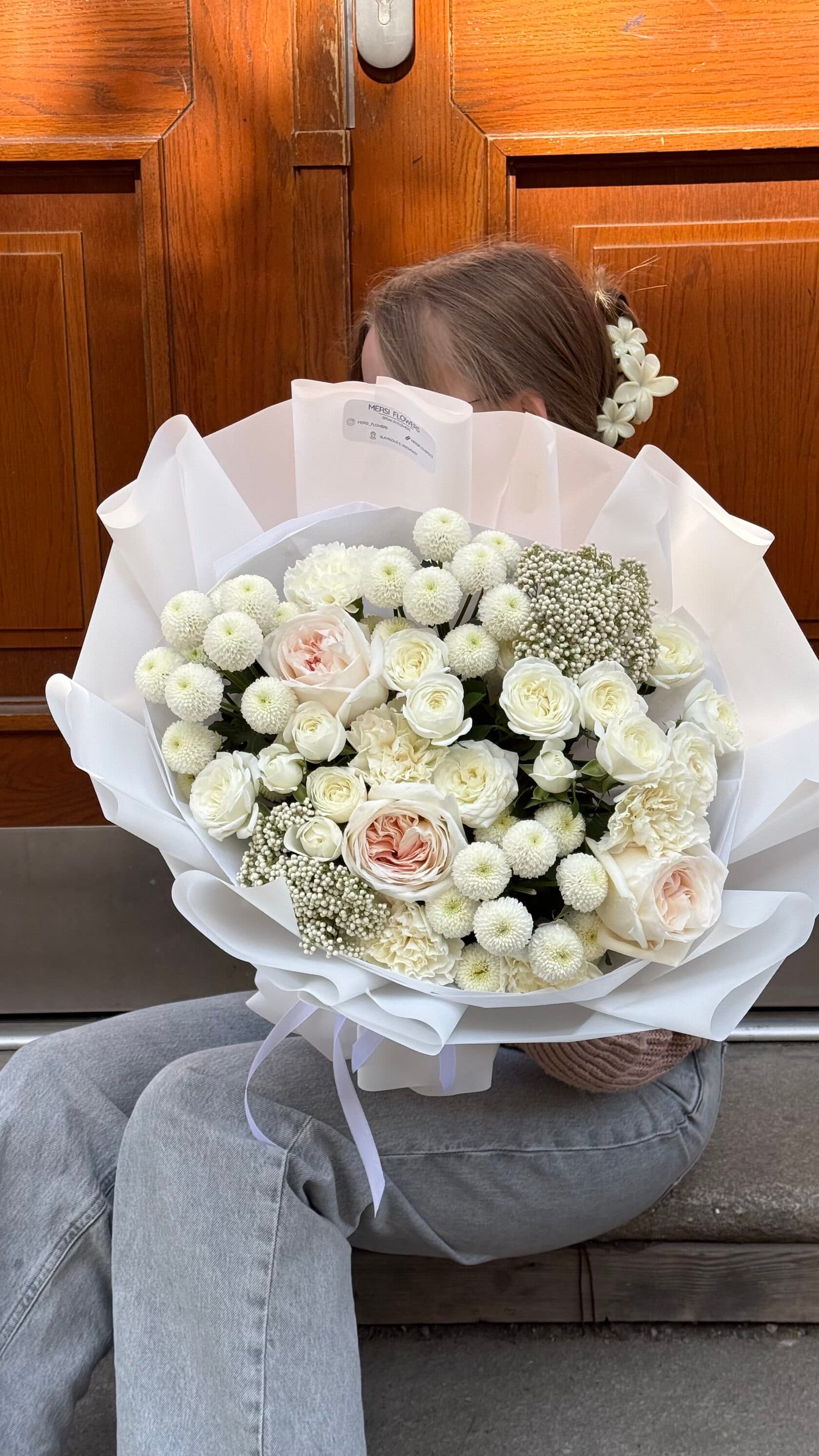 Quiet Harmony bouquet of pale peony roses, spray roses and carnations