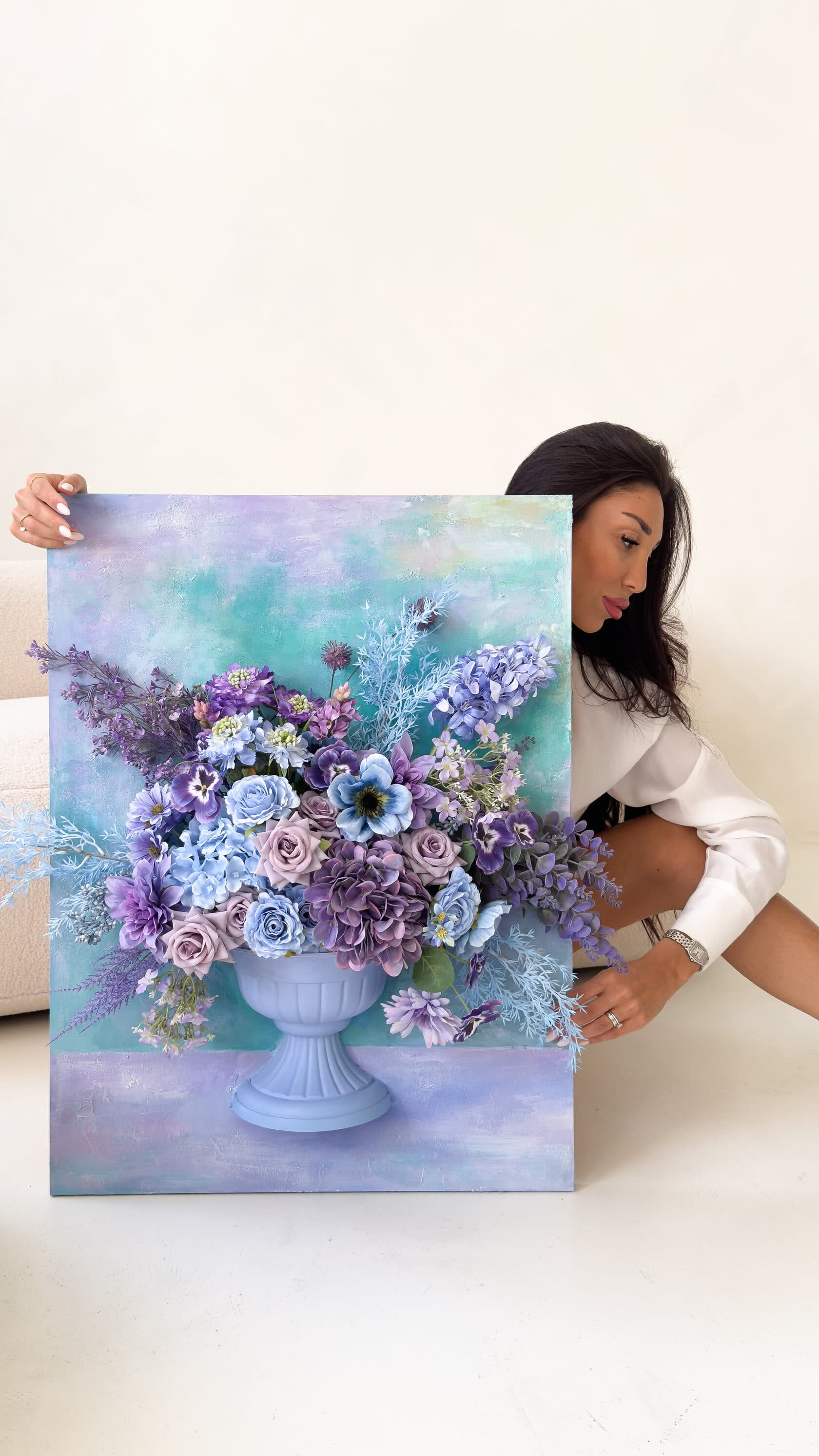 Blueberry Explosion floral sculpture of artificial flowers in shades of blue