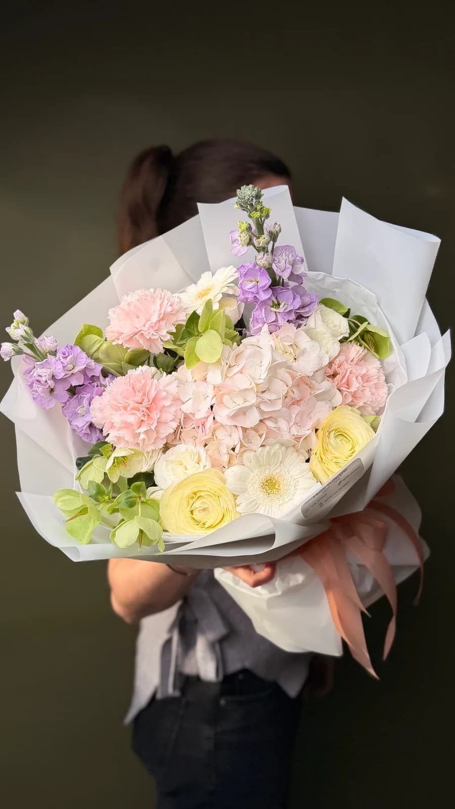 Marshmallow Tenderness pastel bouquet of hydrangea, stock, ranunculus and spray roses